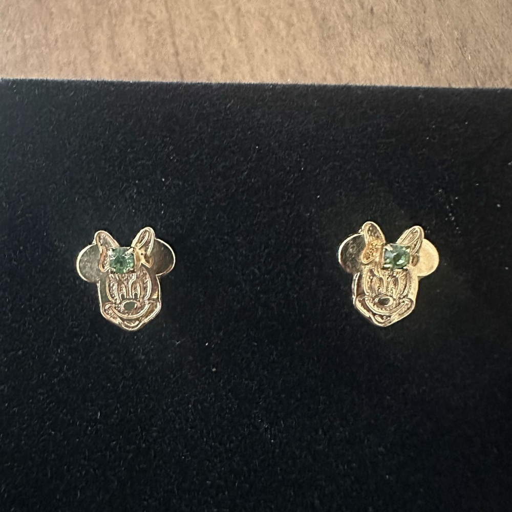 Disney Minnie Mouse Gold Tone Earrings with August Birthstone faux Peridot